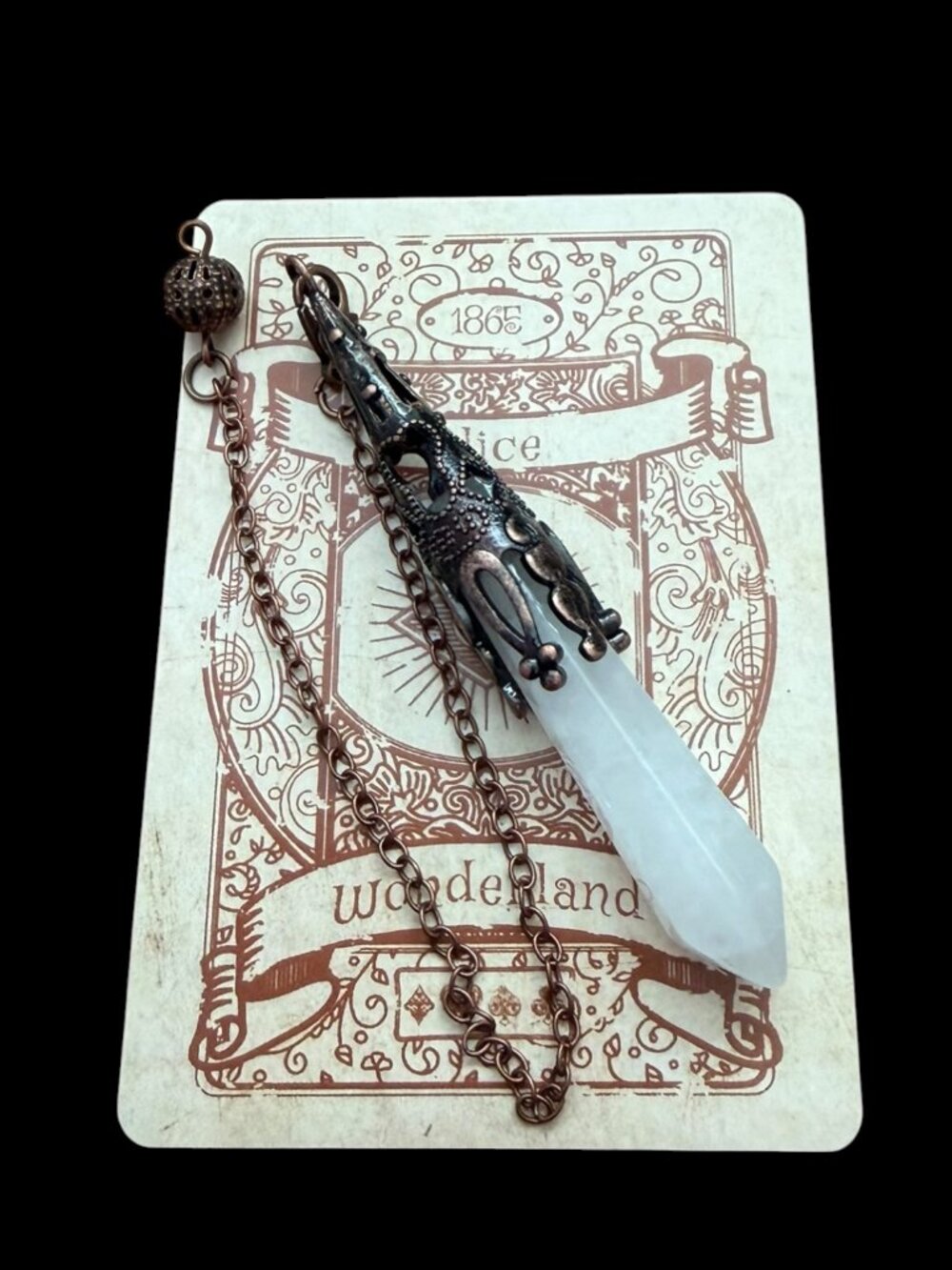 Clear Quartz Crystal Pendulum Antique Bronze Filigree Cap Dowsing Tool